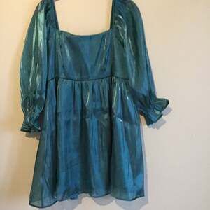 NWT Thirty Thirty dress Aqua Blue Sheer Square Neck Puff Sleeve XL holiday prom